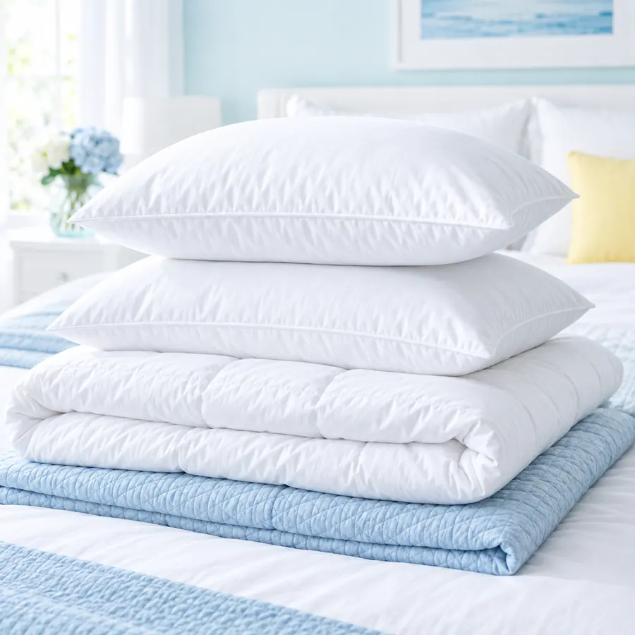 Clean white pillows and duvet stacked on a pale-blue quilt