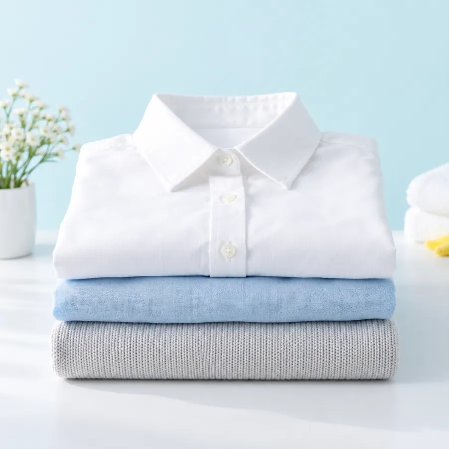 A freshly folded white shirt, pale-blue linen and light-grey knitwear
