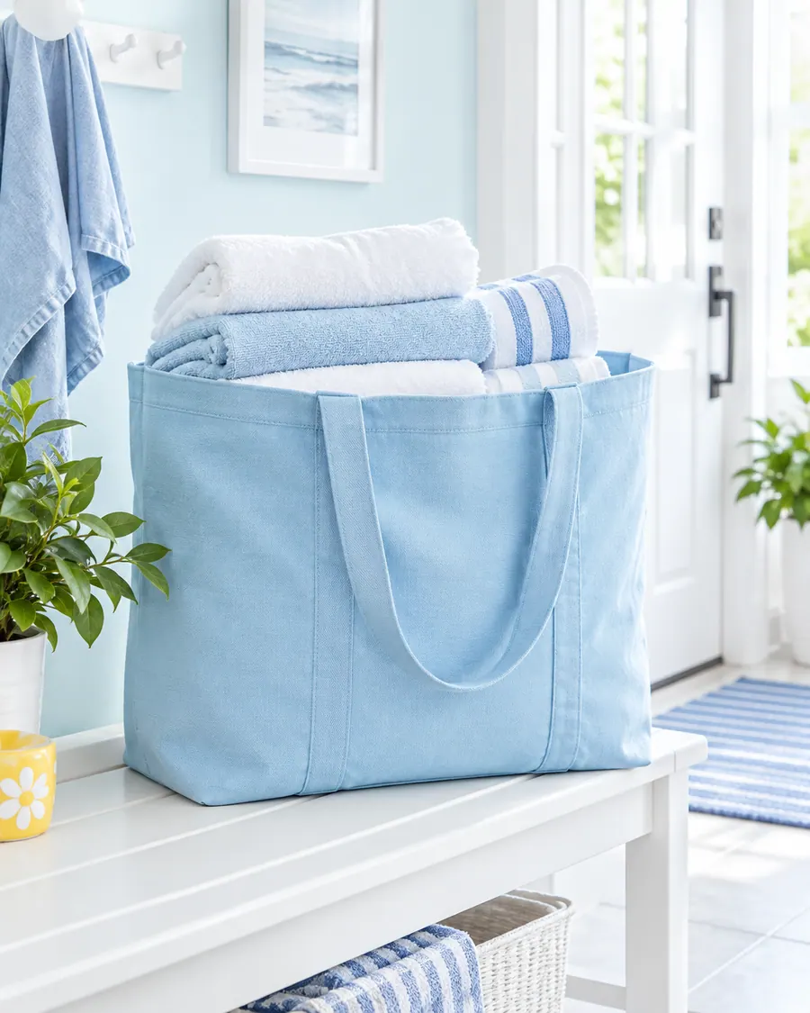 A pale-blue laundry tote filled with fresh towels in a bright entryway